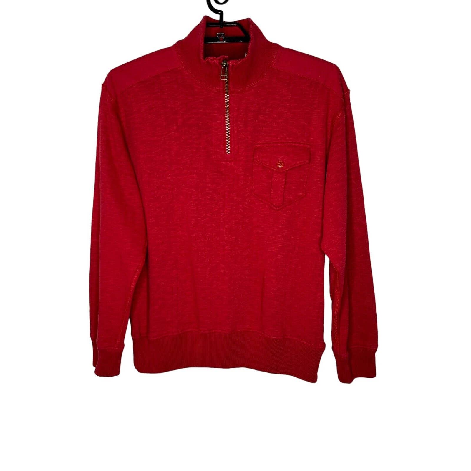 Orvis Mens 1/4 Zip Pullover Shirt Size Large Elbow Patches Chest Pocket Red